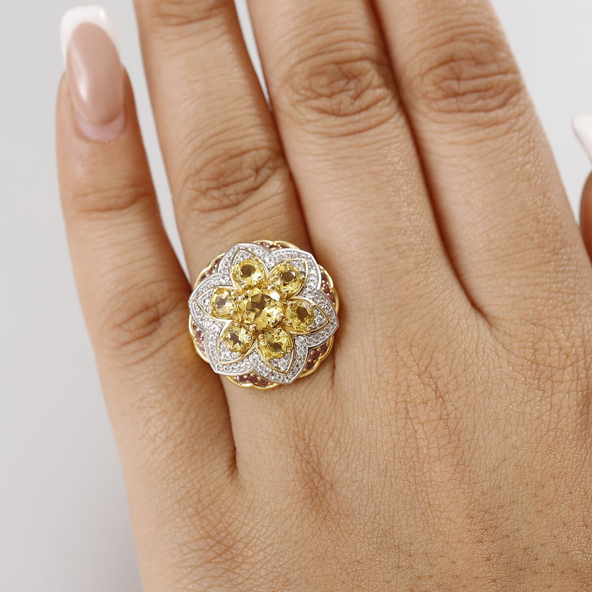 D'Joy Premium Brazilian Heliodor, Multi Gemstone 3.85 ctw Lotus Ring in 18K Vermeil Yellow Gold Over Sterling Silver (Size 7.0) image number 2