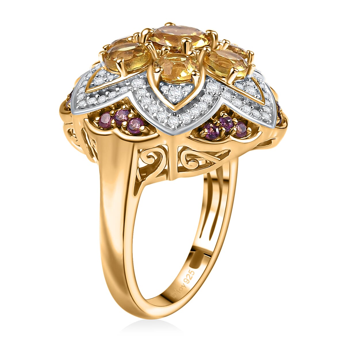 D'Joy Premium Brazilian Heliodor, Multi Gemstone 3.85 ctw Lotus Ring in 18K Vermeil Yellow Gold Over Sterling Silver (Size 7.0) image number 3