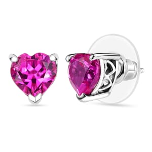 D'Joy Lab Created Pink Sapphire 3.30 ctw Heart Earrings in Rhodium Over Sterling Silver