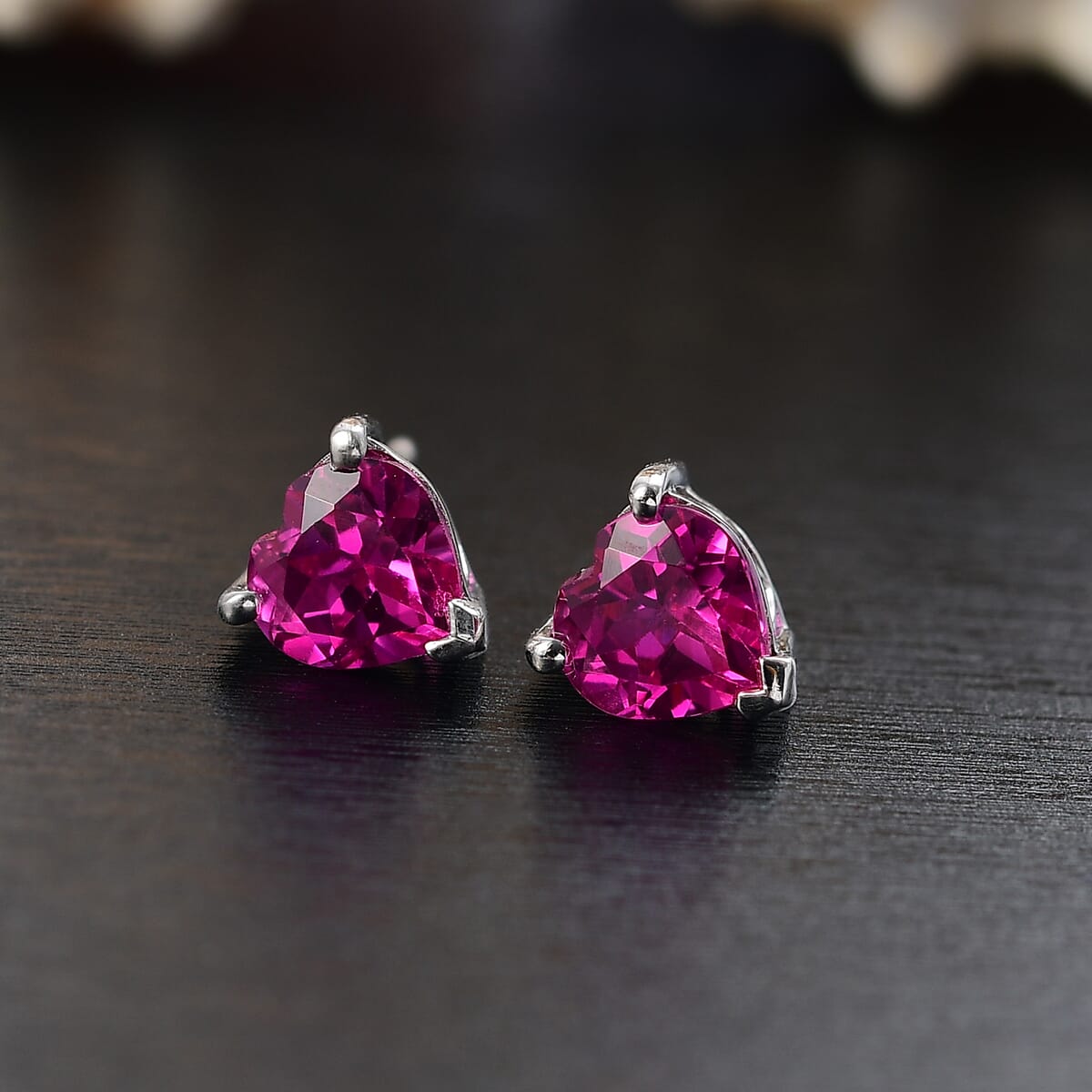 D'Joy Lab Created Pink Sapphire 3.30 ctw Heart Earrings in Rhodium Over Sterling Silver image number 1