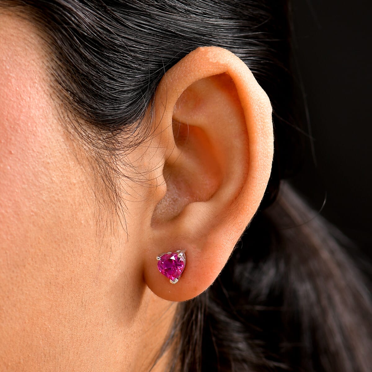 D'Joy Lab Created Pink Sapphire 3.30 ctw Heart Earrings in Rhodium Over Sterling Silver image number 2
