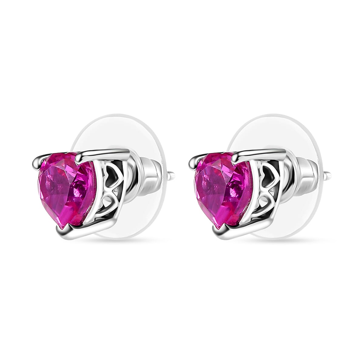 D'Joy Lab Created Pink Sapphire 3.30 ctw Heart Earrings in Rhodium Over Sterling Silver image number 3