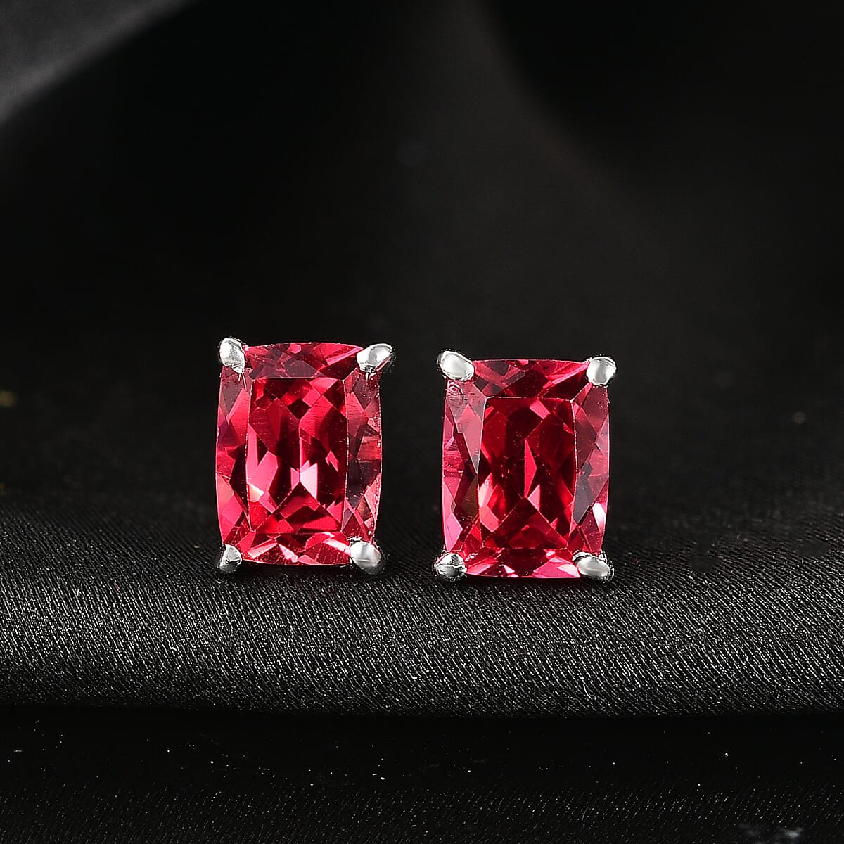 D'Joy Lab Created Padparadscha Sapphire 4.30 ctw Solitaire Stud Earrings in Rhodium Over Sterling Silver  image number 1