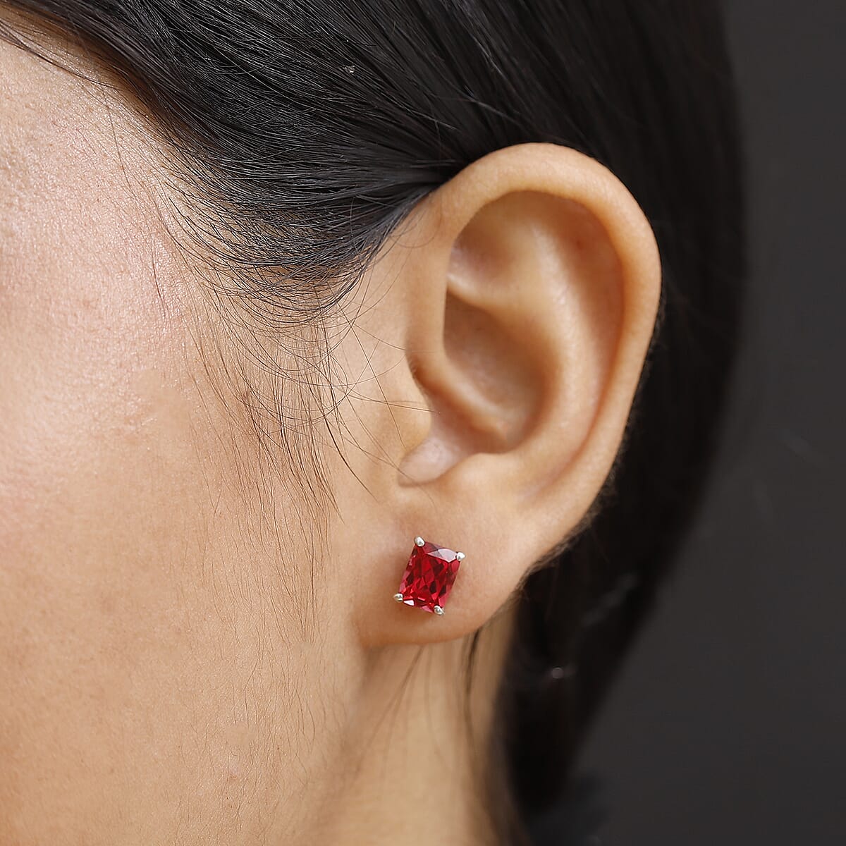 D'Joy Lab Created Padparadscha Sapphire 4.30 ctw Solitaire Stud Earrings in Rhodium Over Sterling Silver  image number 2