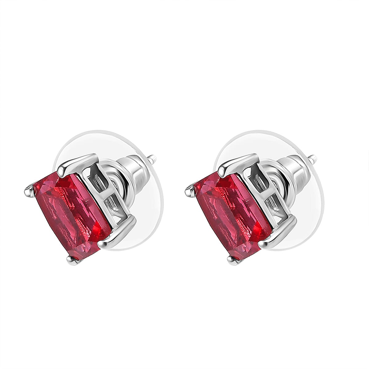 D'Joy Lab Created Padparadscha Sapphire 4.30 ctw Solitaire Stud Earrings in Rhodium Over Sterling Silver  image number 3