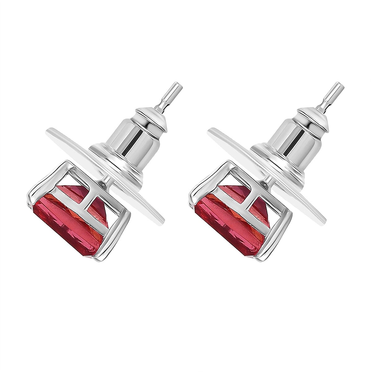 D'Joy Lab Created Padparadscha Sapphire 4.30 ctw Solitaire Stud Earrings in Rhodium Over Sterling Silver  image number 4