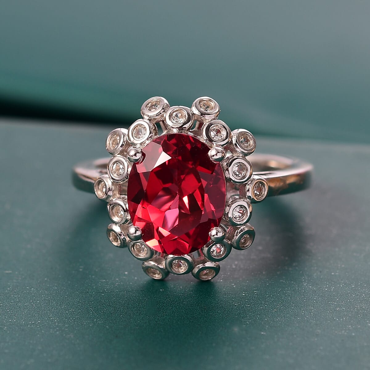 D'Joy Lab Created Padparadscha Sapphire and White Sapphire 3.75 ctw Ring in Rhodium Over Sterling Silver (Size 5.0) image number 1