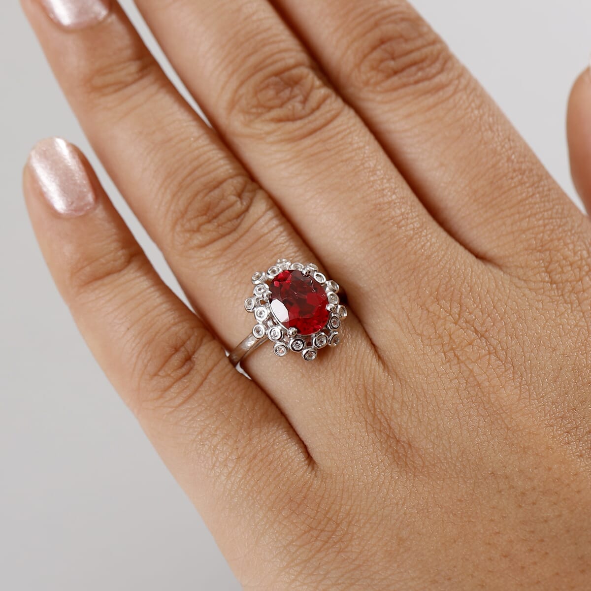 D'Joy Lab Created Padparadscha Sapphire and White Sapphire 3.75 ctw Ring in Rhodium Over Sterling Silver (Size 5.0) image number 2