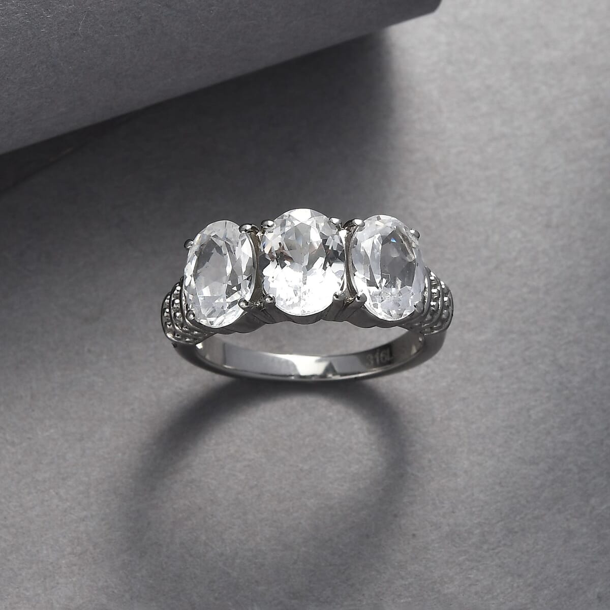 Lab Created White Sapphire 5.10 ctw Trilogy Ring in Stainless Steel (Size 10.0) image number 1