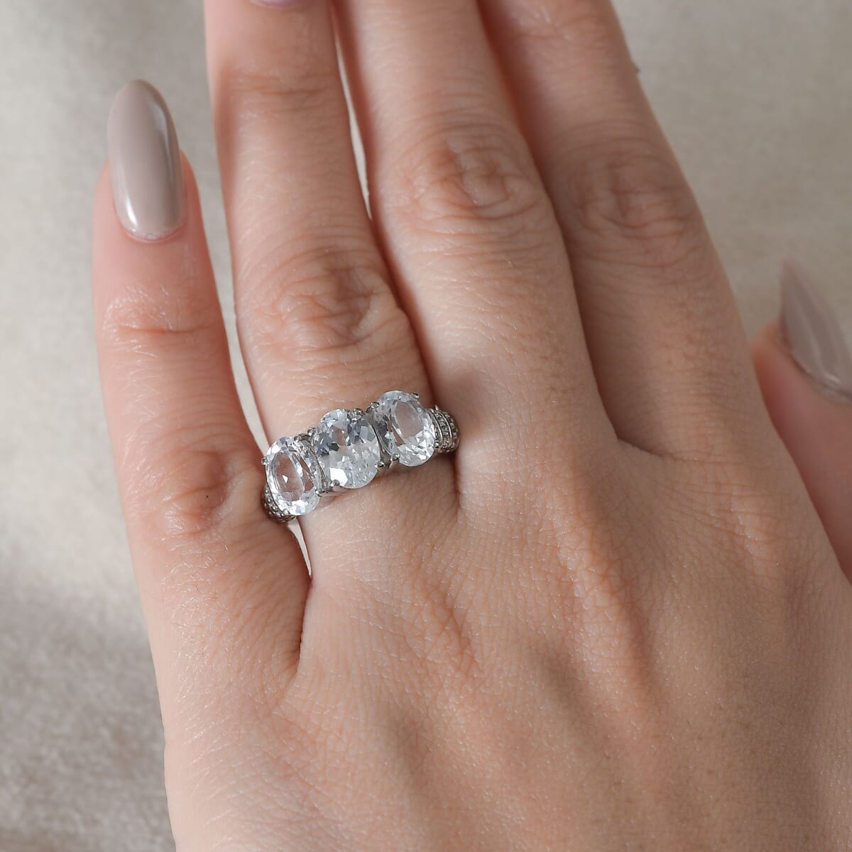 Lab Created White Sapphire 5.10 ctw Trilogy Ring in Stainless Steel (Size 10.0) image number 2