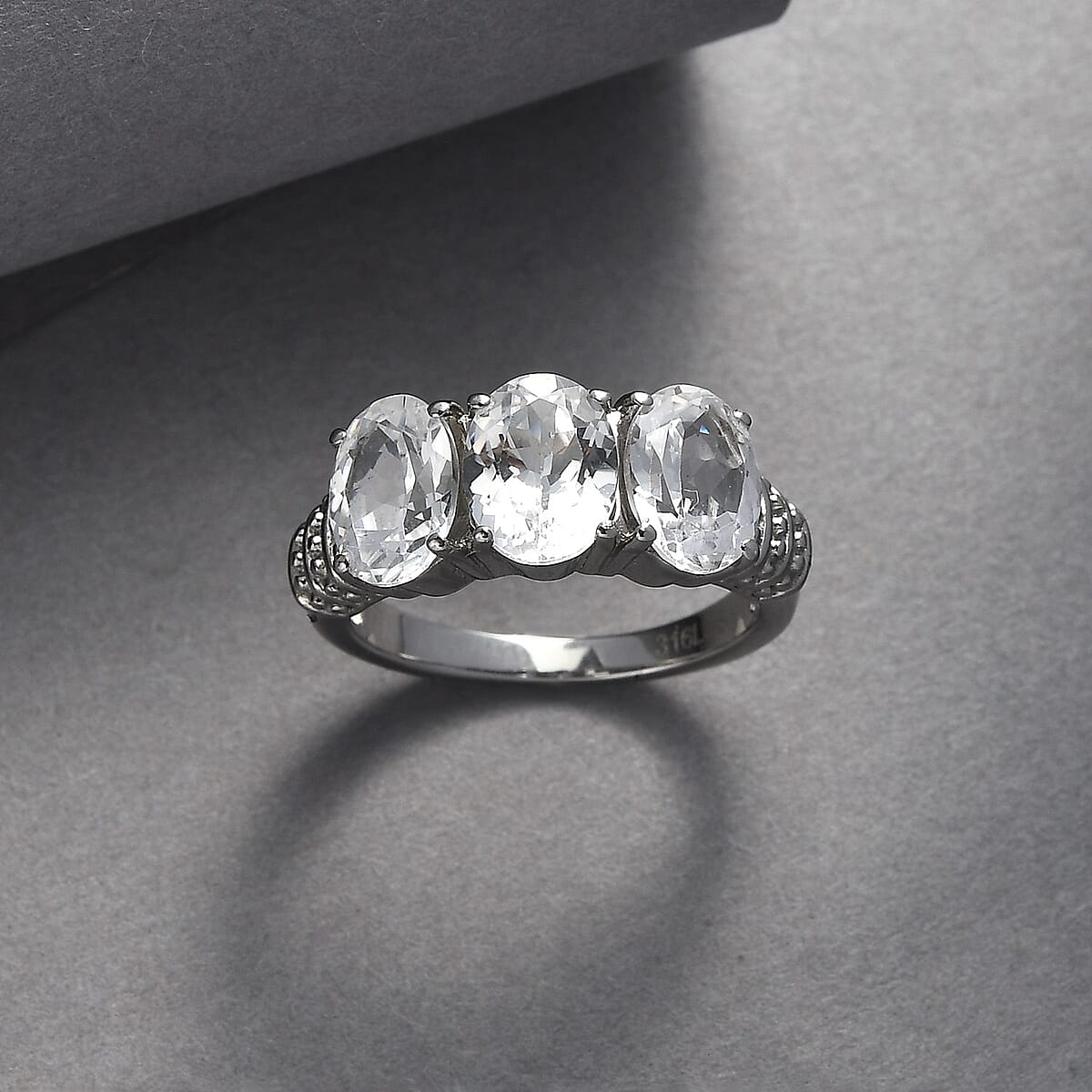 Lab Created White Sapphire 5.10 ctw Trilogy Ring in Stainless Steel (Size 5.0) image number 1