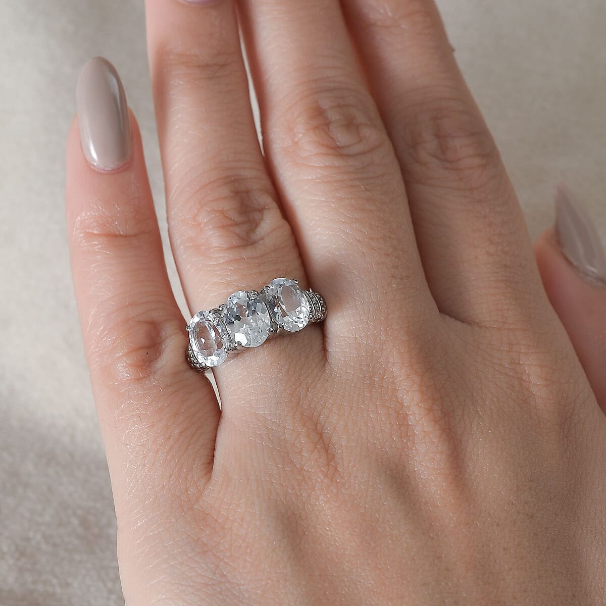 Lab Created White Sapphire 5.10 ctw Trilogy Ring in Stainless Steel (Size 5.0) image number 2