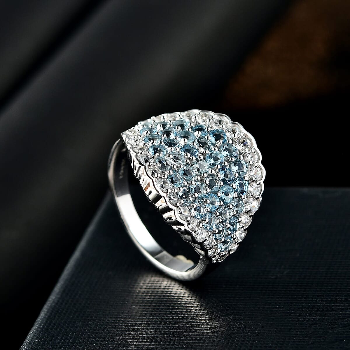 D'Joy Premium Mangoro Aquamarine and White Zircon 3.75 ctw Ocean Wave Ring in Rhodium Over Sterling Silver (Size 6.0) (Del. In 8-10 Days) image number 1