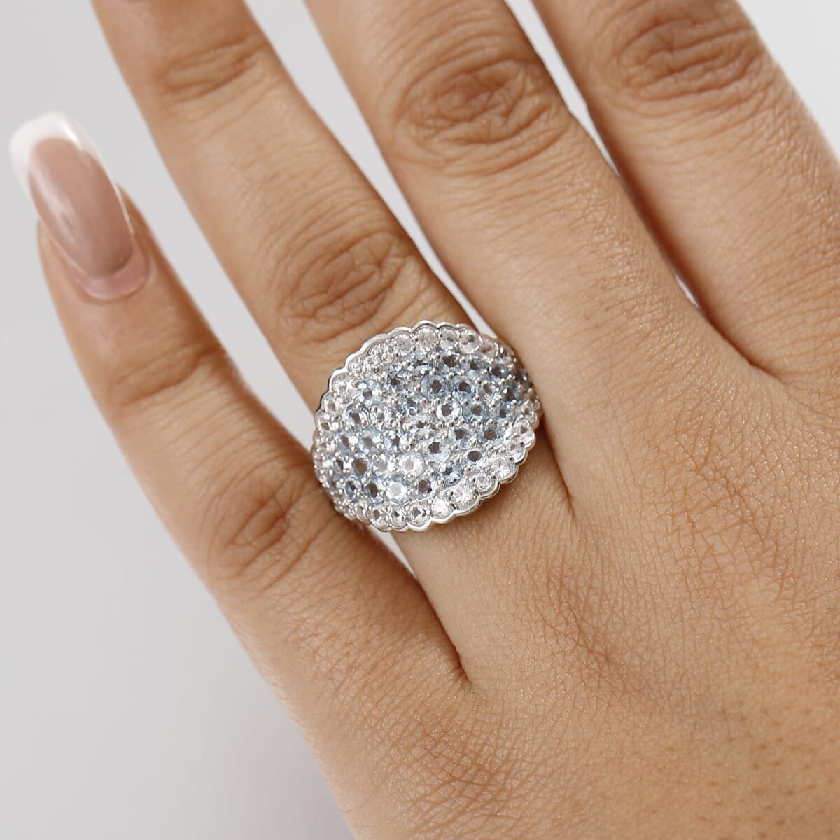 D'Joy Premium Mangoro Aquamarine and White Zircon 3.75 ctw Ocean Wave Ring in Rhodium Over Sterling Silver (Size 6.0) (Del. In 8-10 Days) image number 2