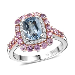 D'Joy Premium Mangoro Aquamarine and Multi Gemstone 2.90 ctw Seaside Blossom Ring in 18K Vermeil RG and Rhodium Over Sterling Silver (Size 10.0)