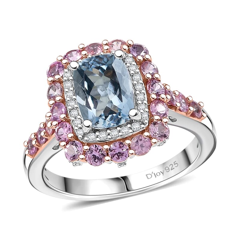 D'Joy Premium Mangoro Aquamarine and Multi Gemstone 2.90 ctw Seaside Blossom Ring in 18K Vermeil RG and Rhodium Over Sterling Silver (Size 10.0)