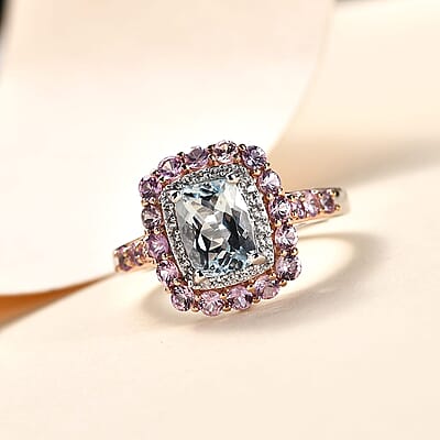 D'Joy Premium Mangoro Aquamarine and Multi Gemstone 2.90 ctw Seaside Blossom Ring in 18K Vermeil RG and Rhodium Over Sterling Silver (Size 10.0)