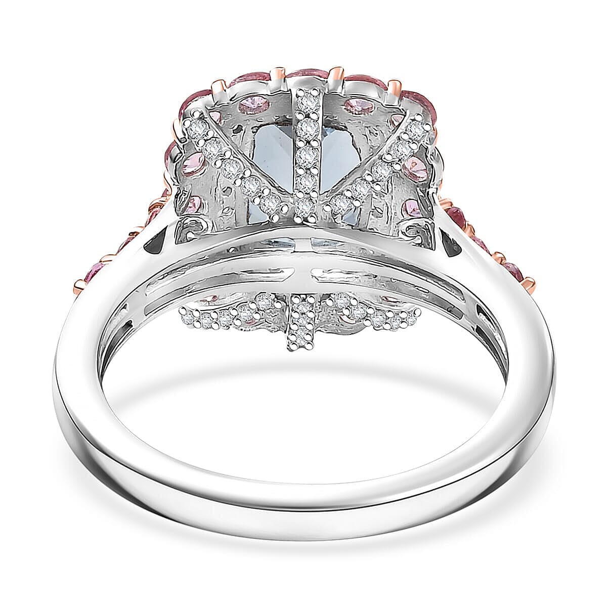 D'Joy Premium Mangoro Aquamarine and Multi Gemstone 2.90 ctw Seaside Blossom Ring in 18K Vermeil RG and Rhodium Over Sterling Silver (Size 10.0)