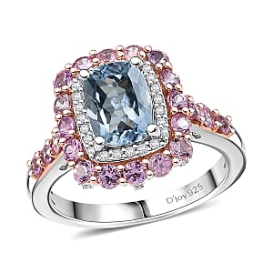 D'Joy Premium Mangoro Aquamarine and Multi Gemstone 2.90 ctw Seaside Blossom Ring in 18K Vermeil RG and Rhodium Over Sterling Silver (Size 5.0)