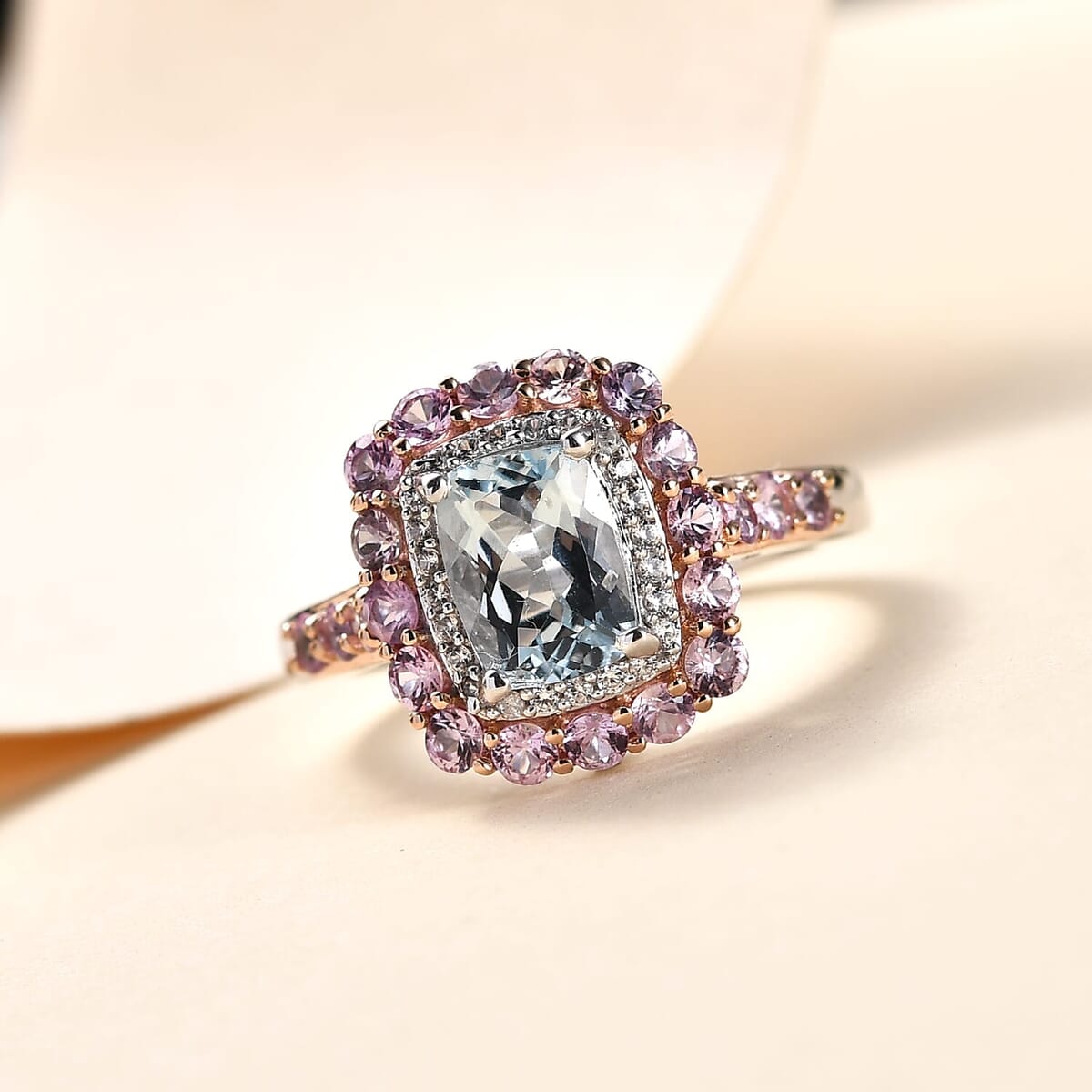 D'Joy Premium Mangoro Aquamarine and Multi Gemstone 2.90 ctw Seaside Blossom Ring in 18K Vermeil RG and Rhodium Over Sterling Silver (Size 6.0) image number 1