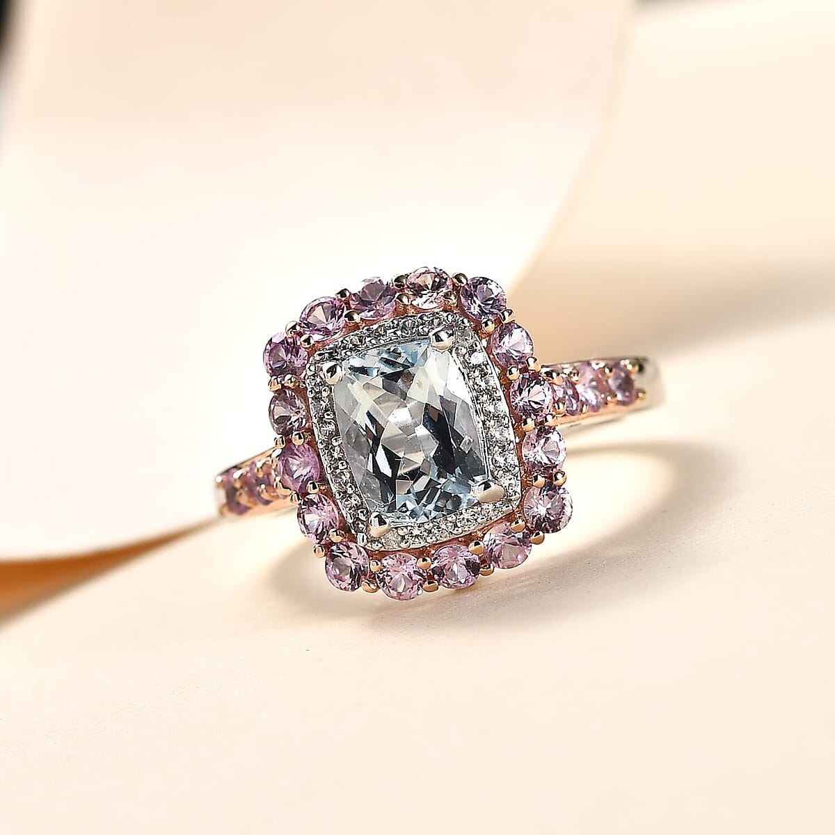 D'Joy Premium Mangoro Aquamarine and Multi Gemstone 2.90 ctw Seaside Blossom Ring in 18K Vermeil RG and Rhodium Over Sterling Silver (Size 9.0) image number 1