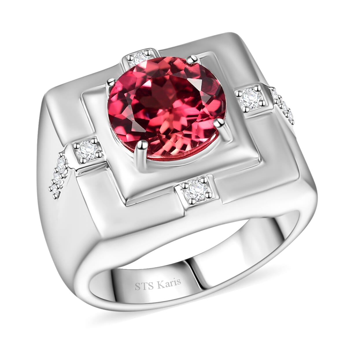 Karis Lab Created Padparadscha and White Sapphire 5.15 ctw Men's Ring in Platinum Bond (Size 10.0) image number 0