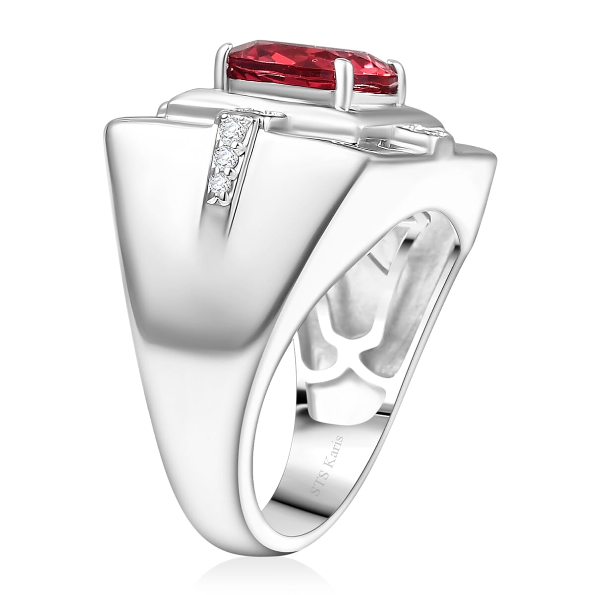 Karis Lab Created Padparadscha and White Sapphire 5.15 ctw Men's Ring in Platinum Bond (Size 10.0) image number 3