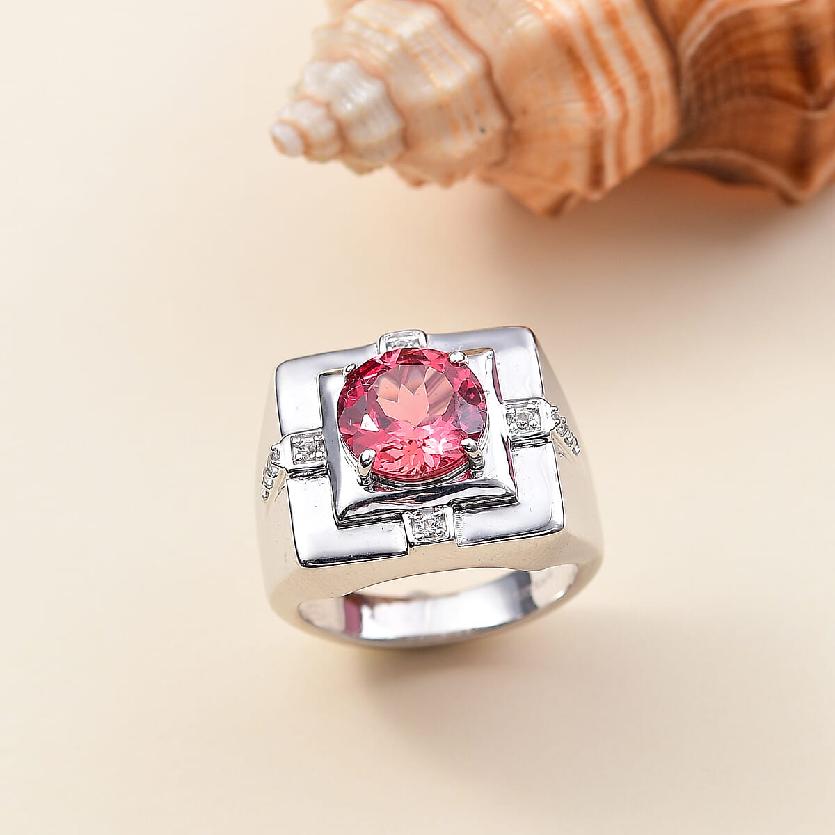 Karis Lab Created Padparadscha and White Sapphire 5.15 ctw Men's Ring in Platinum Bond (Size 11.0) image number 1