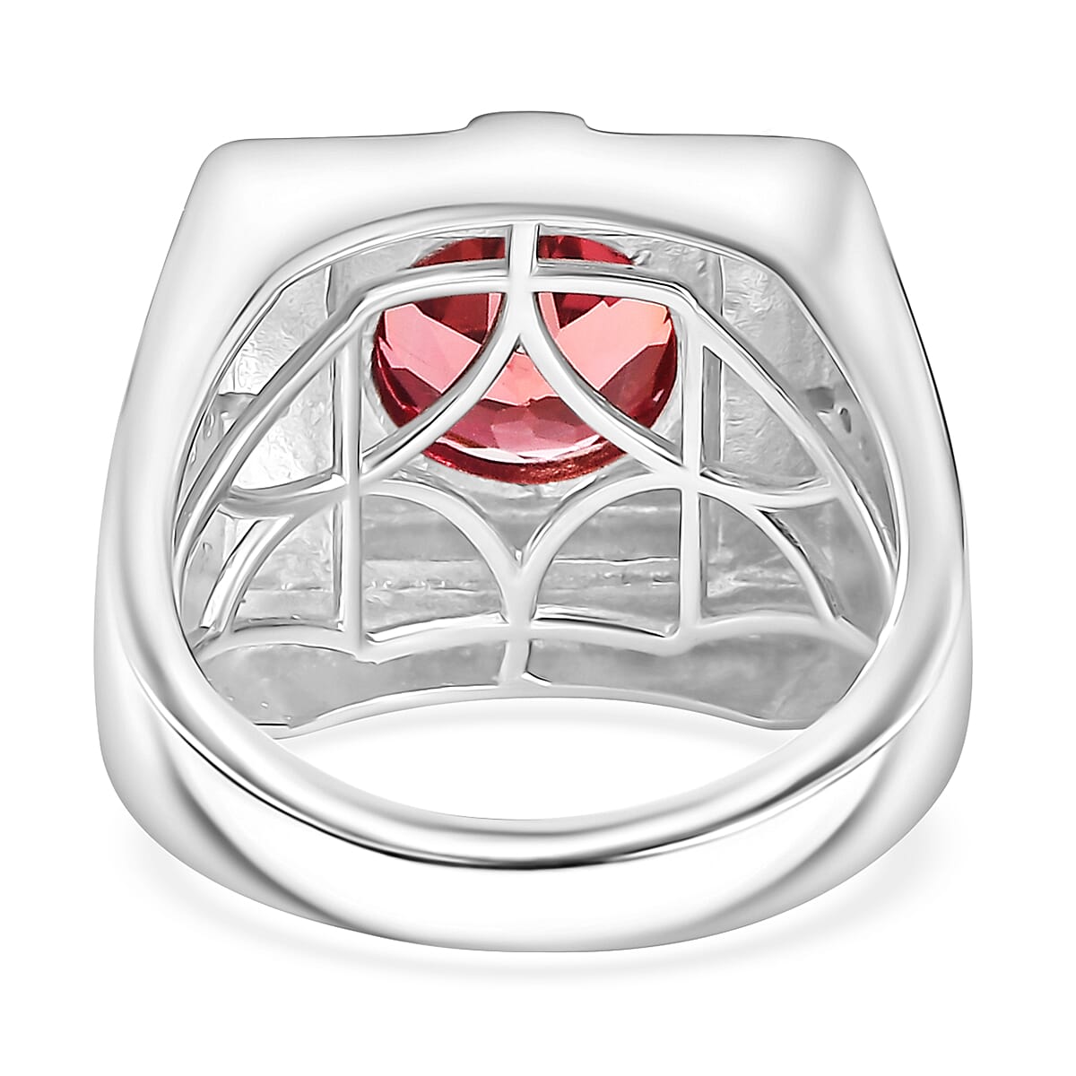 Karis Lab Created Padparadscha and White Sapphire 5.15 ctw Men's Ring in Platinum Bond (Size 11.0) image number 4