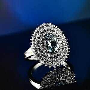 D'Joy Premium Mangoro Aquamarine and Moissanite 2.60 ctw Oceanic Orbit Ring in Rhodium Over Sterling Silver (Size 10.0)