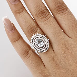 D'Joy Premium Mangoro Aquamarine and Moissanite 2.60 ctw Oceanic Orbit Ring in Rhodium Over Sterling Silver (Size 10.0)