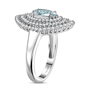 D'Joy Premium Mangoro Aquamarine and Moissanite 2.60 ctw Oceanic Orbit Ring in Rhodium Over Sterling Silver (Size 10.0)