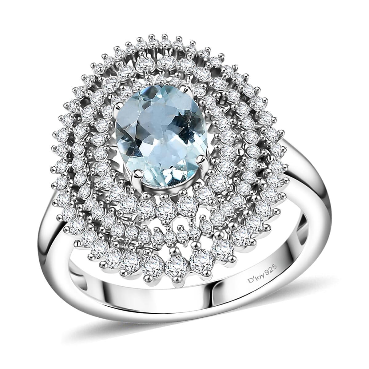 D'Joy Premium Mangoro Aquamarine and Moissanite 2.60 ctw Oceanic Orbit Ring in Rhodium Over Sterling Silver (Size 8.0) image number 0