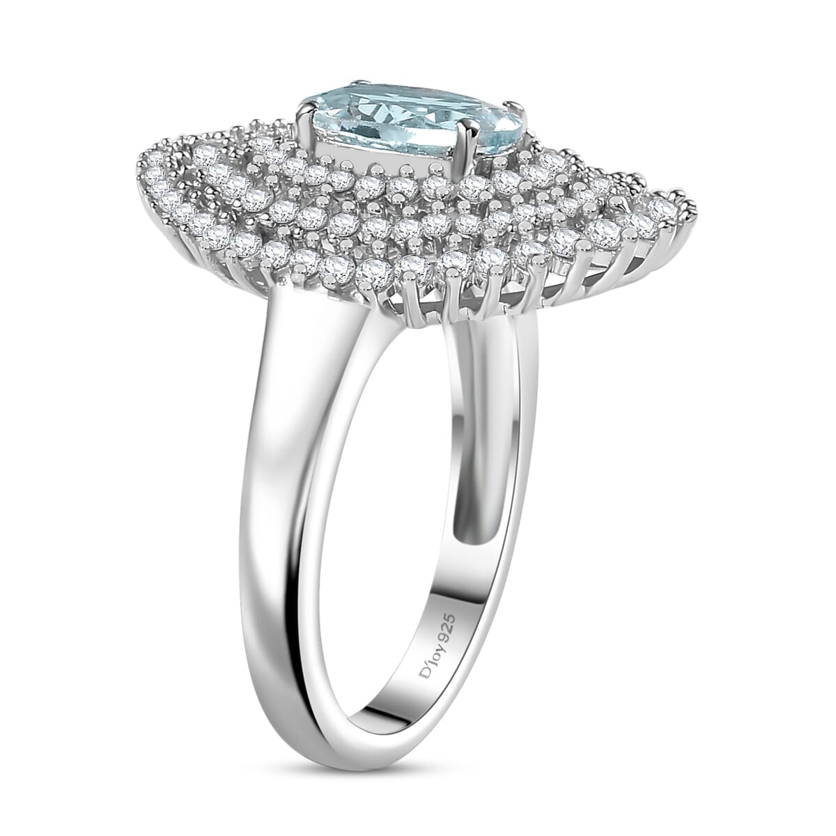D'Joy Premium Mangoro Aquamarine and Moissanite 2.60 ctw Oceanic Orbit Ring in Rhodium Over Sterling Silver (Size 8.0) image number 3