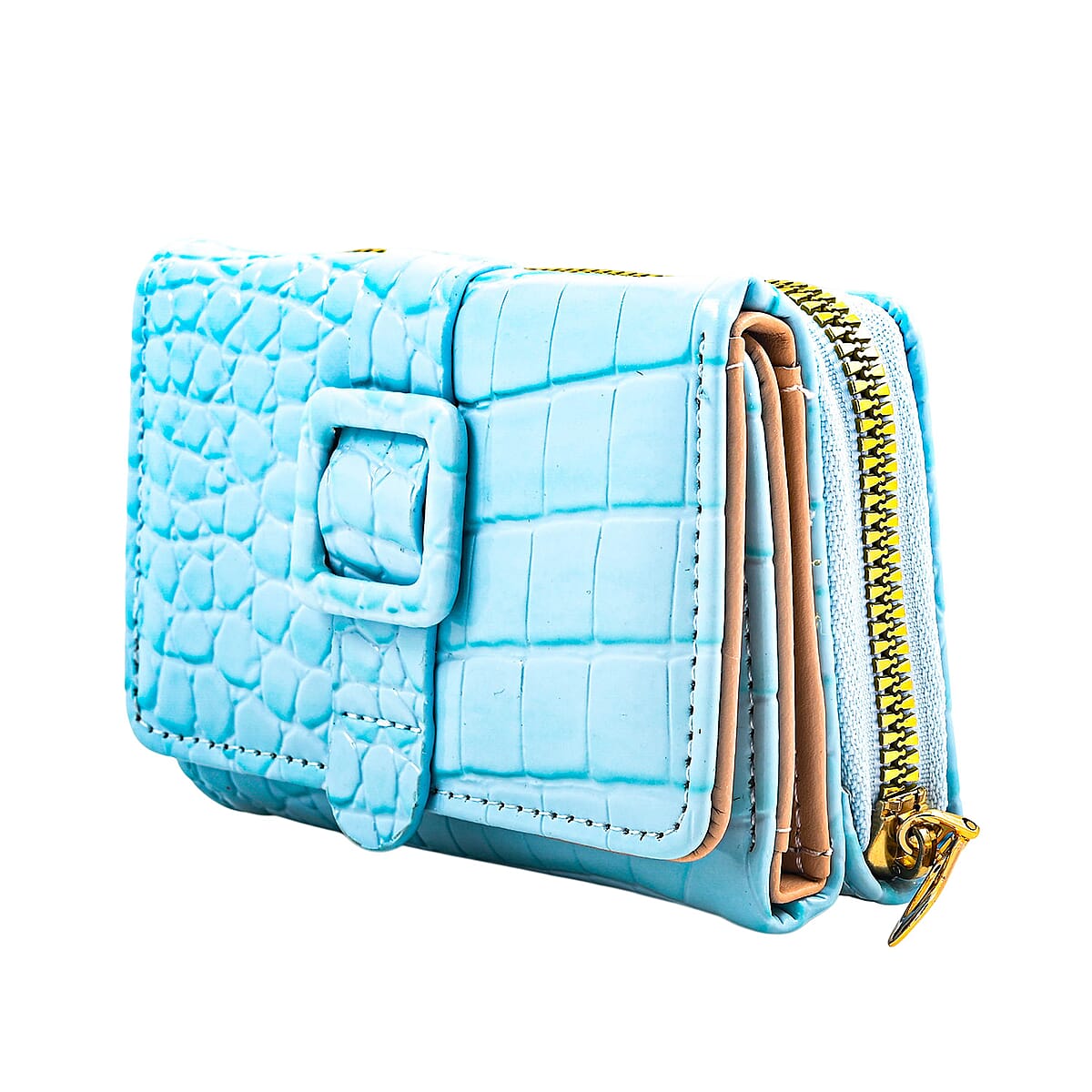 Sky Blue Crocodile Embossed Faux Leather RFID Wallet image number 4