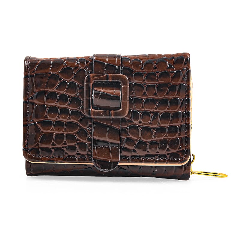 Dark Chocolate Crocodile Embossed Faux Leather RFID Wallet