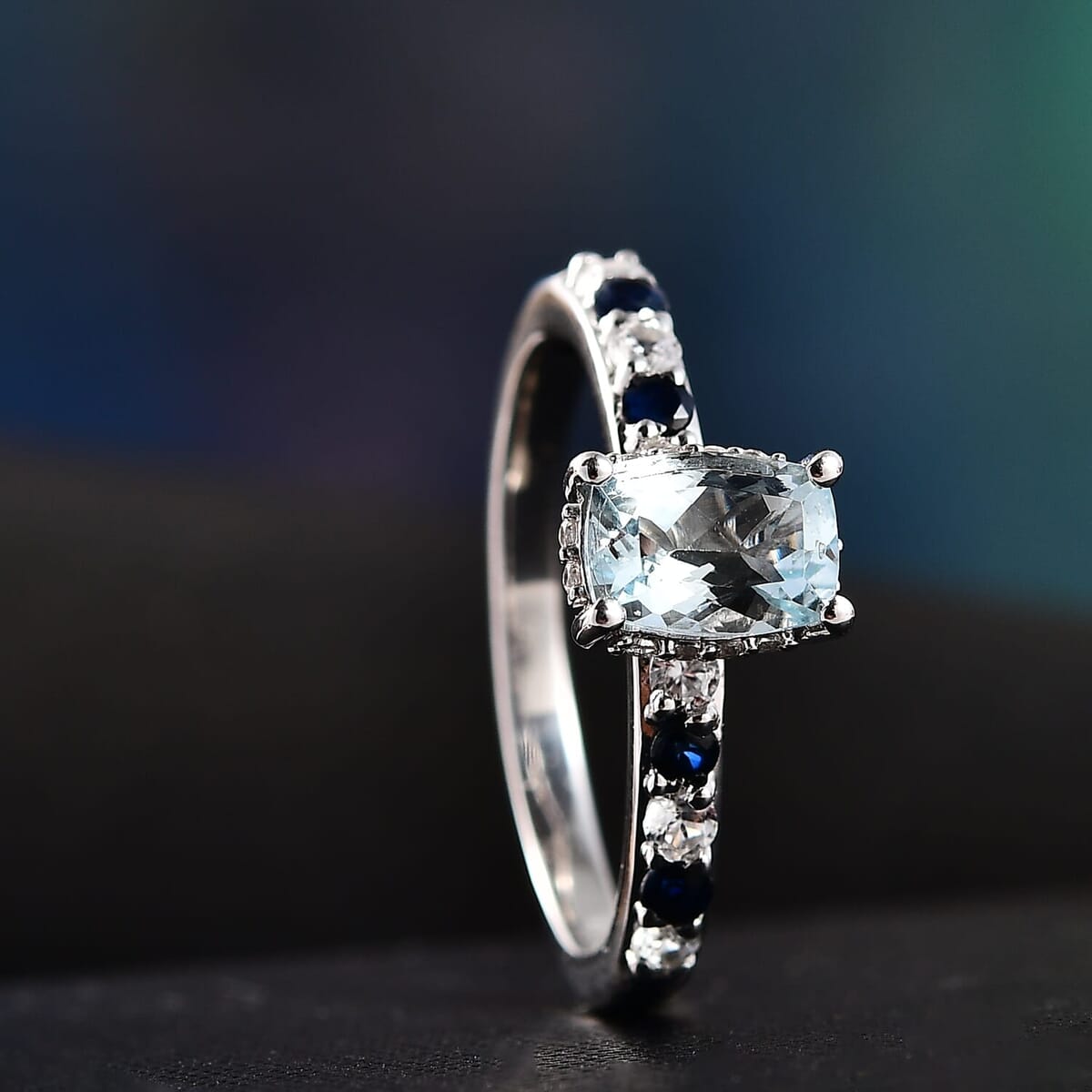 D'Joy Premium Mangoro Aquamarine and Multi Sapphire 1.35 ctw Ocean Twilight Ring in Rhodium Over Sterling Silver (Size 9.0) image number 1