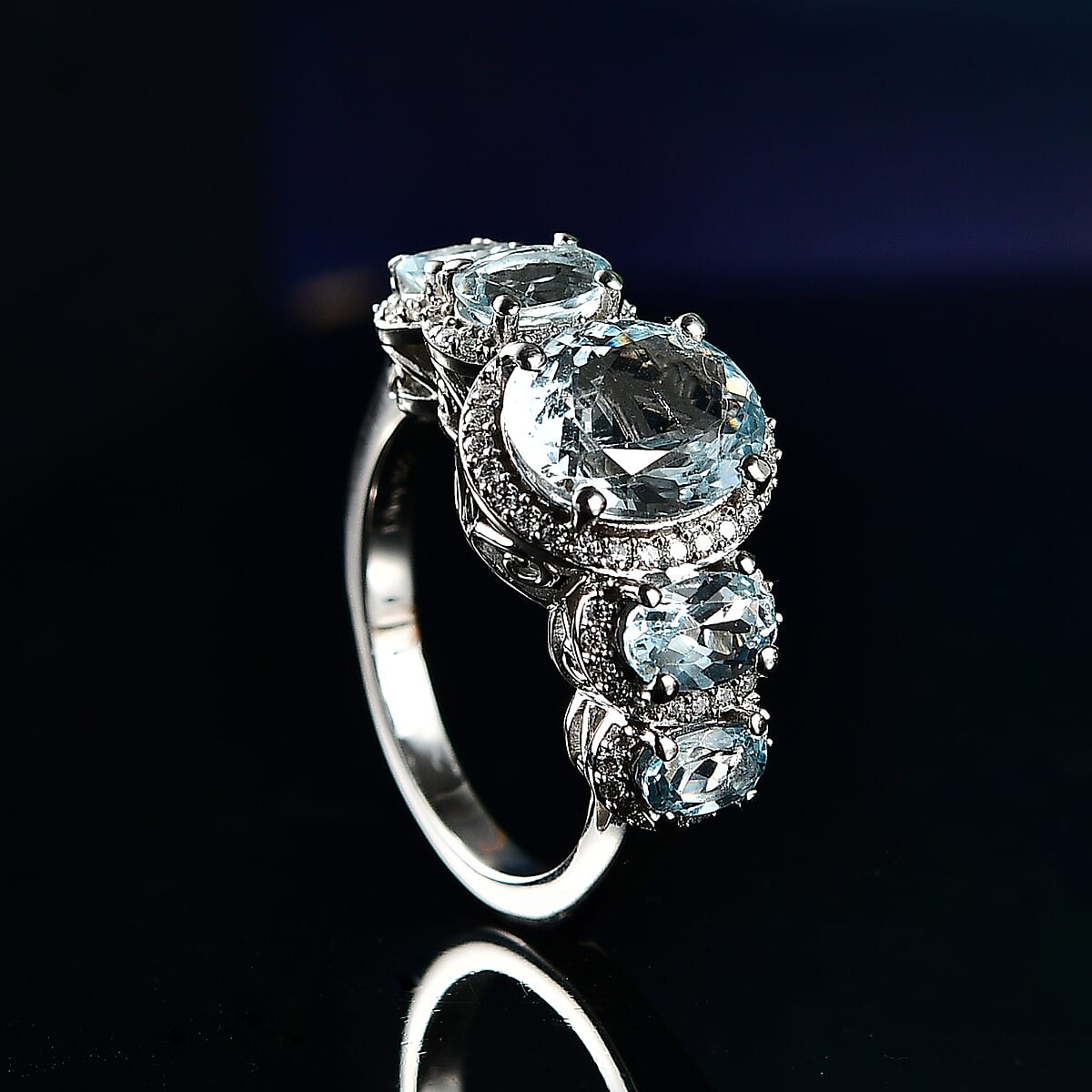 D'Joy Premium Mangoro Aquamarine and Moissanite 3.65 ctw Ocean Whisper Ring in Rhodium Over Sterling Silver (Size 8.0) image number 1