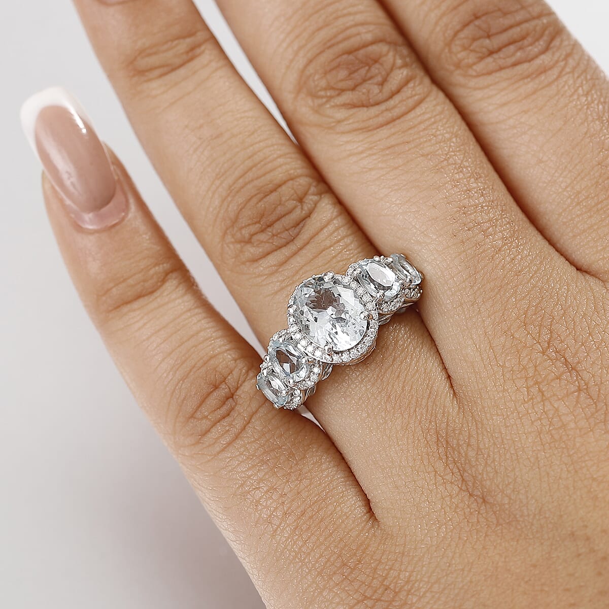 D'Joy Premium Mangoro Aquamarine and Moissanite 3.65 ctw Ocean Whisper Ring in Rhodium Over Sterling Silver (Size 8.0) image number 2