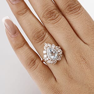 D'Joy Premium Mangoro Aquamarine and White Zircon 4.10 ctw Rosewater Bloom Ring in 18K Vermeil Rose Gold Over Sterling Silver (Size 7.0)