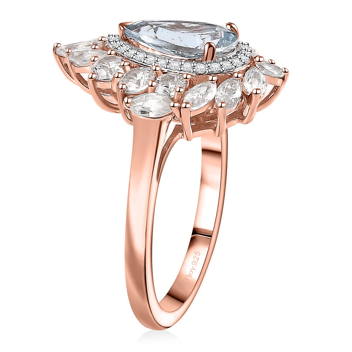 D'Joy Premium Mangoro Aquamarine and White Zircon 4.10 ctw Rosewater Bloom Ring in 18K Vermeil Rose Gold Over Sterling Silver (Size 7.0) image number 3