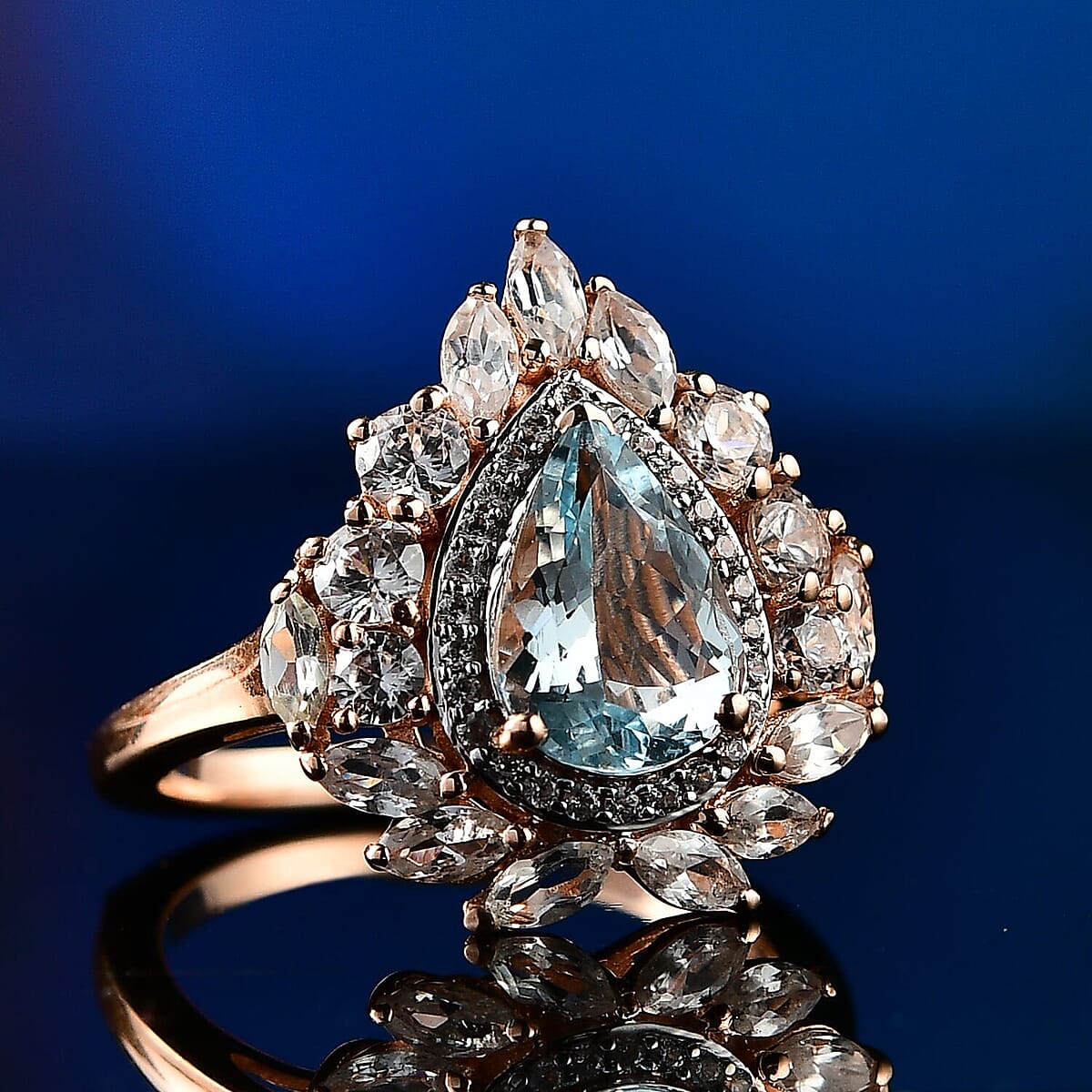 Aquamarine ,  White Zircon  Main Stone With Side Stone Ring in 18K RG VermeilSterling Silver 3.82 ctw image number 1