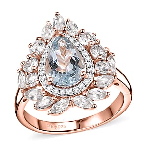 D'Joy Premium Mangoro Aquamarine and White Zircon 4.10 ctw Rosewater Bloom Ring in 18K Vermeil Rose Gold Over Sterling Silver (Size 9.0)