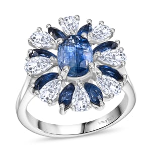 D'Joy Kashmir Kyanite and White Zircon 5.70 ctw Stellar Bloom Ring in Rhodium Over Sterling Silver (Size 10.0)