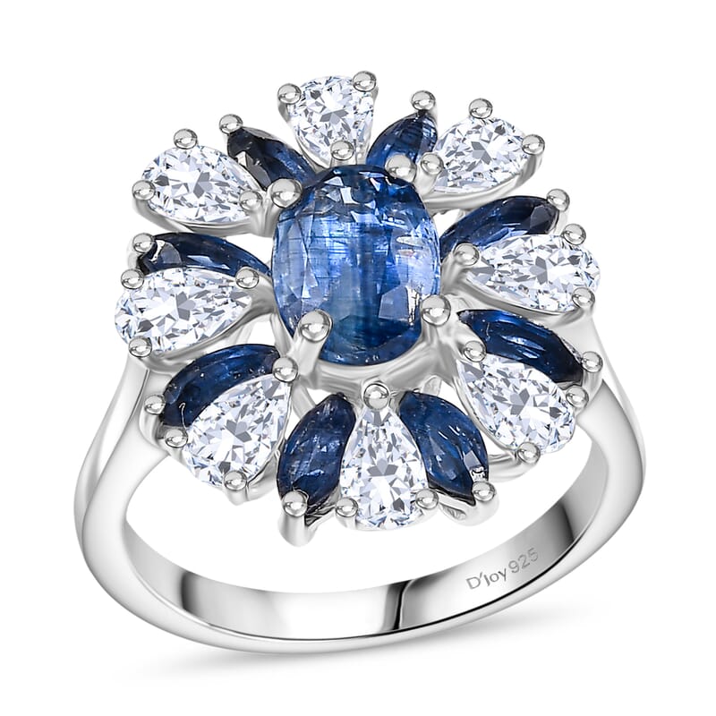 D'Joy Kashmir Kyanite and White Zircon 5.70 ctw Stellar Bloom Ring in Rhodium Over Sterling Silver (Size 10.0)