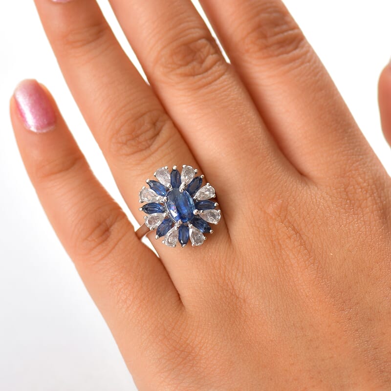 D'Joy Kashmir Kyanite and White Zircon 5.70 ctw Stellar Bloom Ring in Rhodium Over Sterling Silver (Size 10.0)