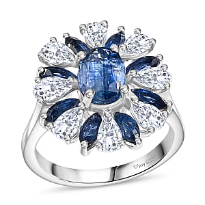 D'Joy Kashmir Kyanite and White Zircon 5.70 ctw Stellar Bloom Ring in Rhodium Over Sterling Silver (Size 5.0)