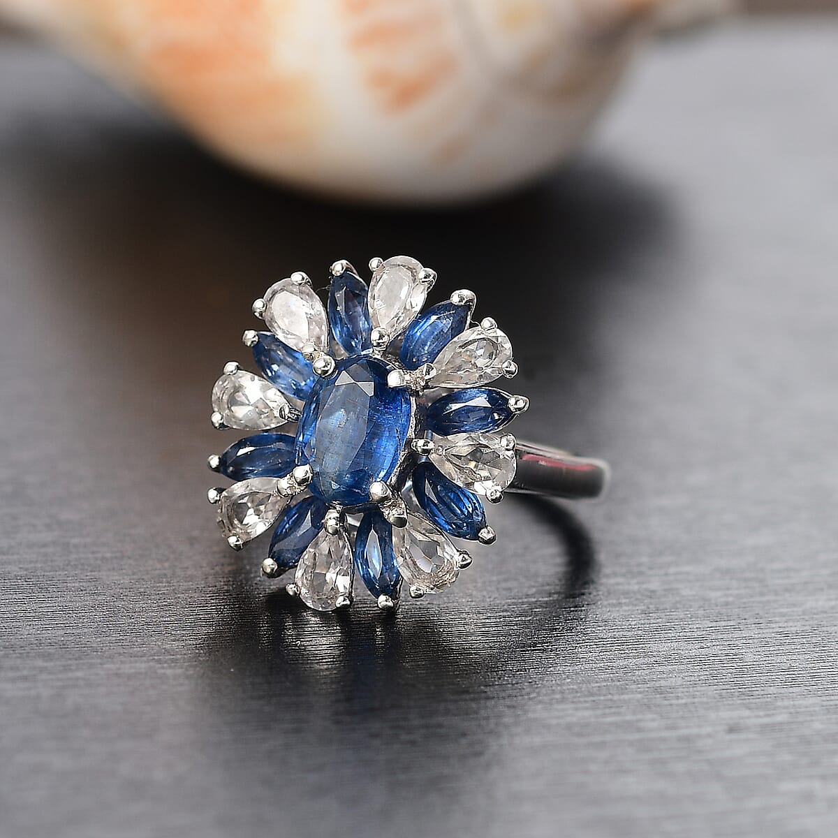 D'Joy Kashmir Kyanite and White Zircon 5.70 ctw Stellar Bloom Ring in Rhodium Over Sterling Silver (Size 5.0) image number 1