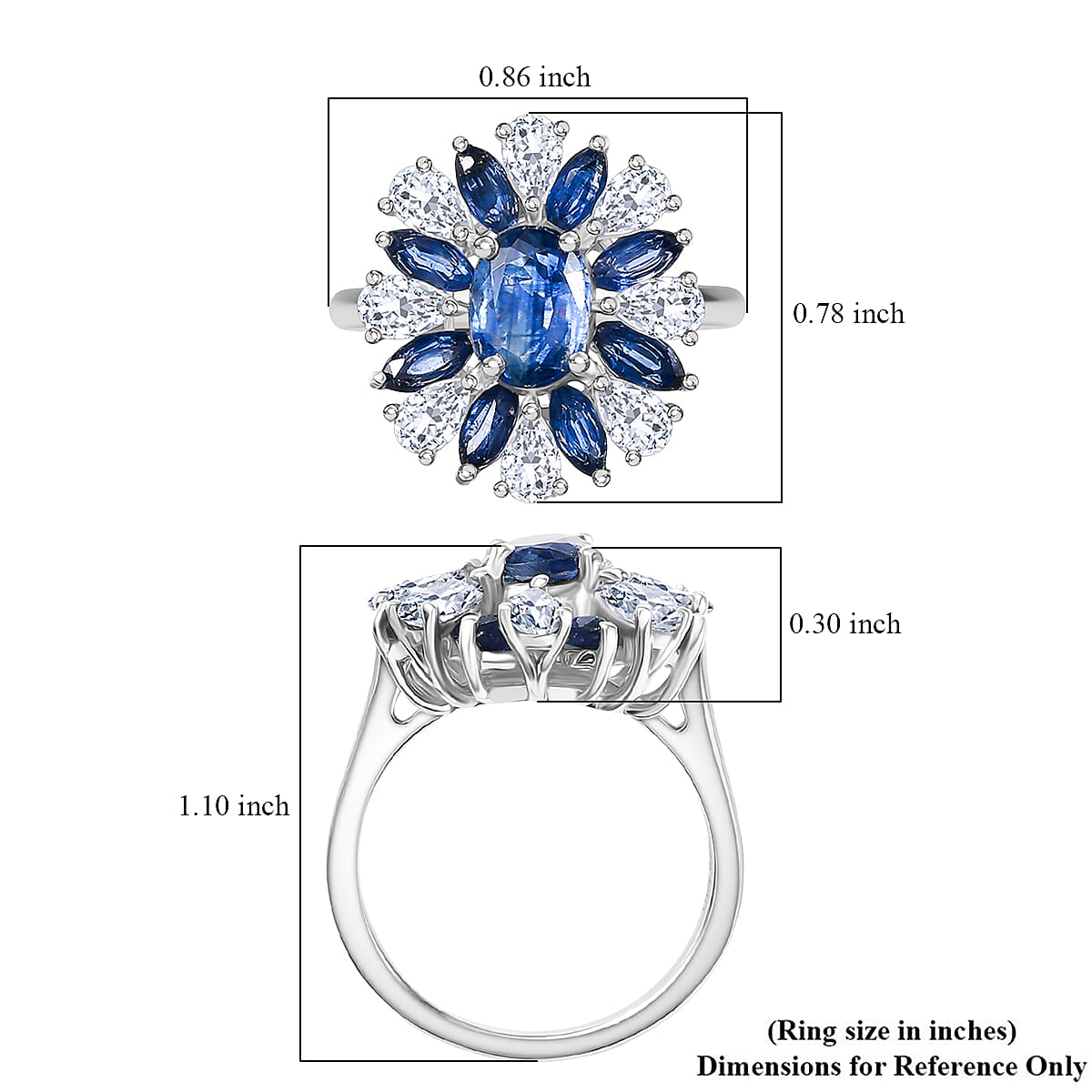 D'Joy Kashmir Kyanite and White Zircon 5.70 ctw Stellar Bloom Ring in Rhodium Over Sterling Silver (Size 5.0) image number 5