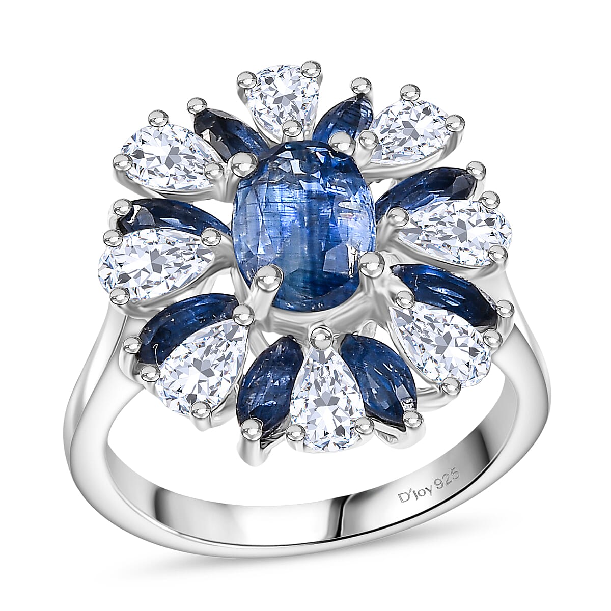 D'Joy Kashmir Kyanite and White Zircon 5.70 ctw Stellar Bloom Ring in Rhodium Over Sterling Silver (Size 8.0) image number 0